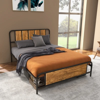 HOMCOM Double Bed Frame Steel Slat Rustic Brown 145x199cm