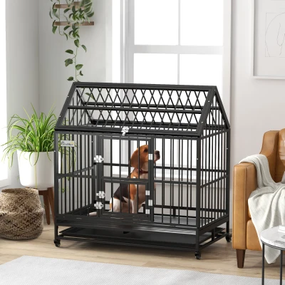 PawHut Cage Chien Métal sur Roulettes 2 Portes Verrouillables