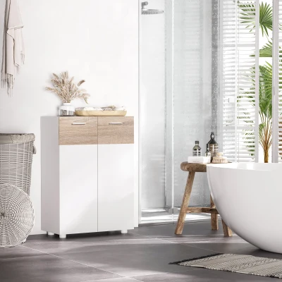 kleankin Meuble de rangement Armoire Commode pour Salle de Bain, Salon, Chambre Double Porte avec 2 étagères réglables en Bois Blanc etchêne Clair