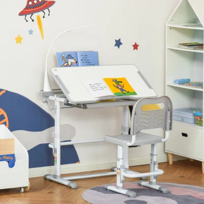 HOMCOM Escritorio y Silla para +6 Años con Altura Ajustable e Inclinable 80x49,5x82-104 cm y 35,5x43,5x63-73 cm Gris
