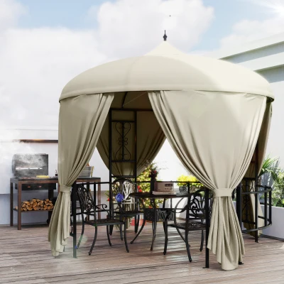 Outsunny Gazebo da Giardino Ø3m con Tende e Prese d'Aria Beige
