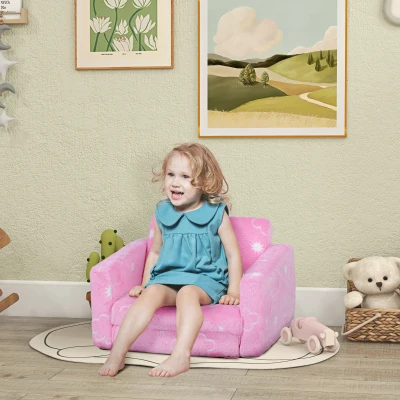 AIYAPLAY Sofá Infantil Plegable 2 en 1 Tapizado de Tela Luminosa con Patrón de Nubes Cojín y Funda Lavables Rosa