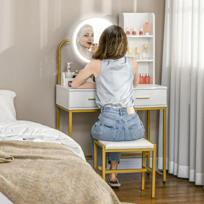HOMCOM Toeletta con Sgabello e Specchio LED Cassetti e Ripiani