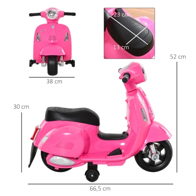 HOMCOM Moto Eléctrica Vespa para Niños de 18-36 Meses Moto de Batería 6V con Faro Bocina y 4 Ruedas 66,5x38x52 cm Rosa(m-3)