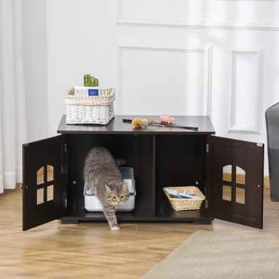 PawHut Casa para Gatos de Madera Mueble Arenero para Gatos 2 en 1 con Armario de Almacenaje Encimera Amplio 2 Puertas con Ventanas y Orificio de Entrada Lateral 80,3x52,6x48,8 cm Café