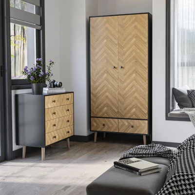 HOMCOM Commode 5 Tiroirs Scandinave Gris/Chêne Clair