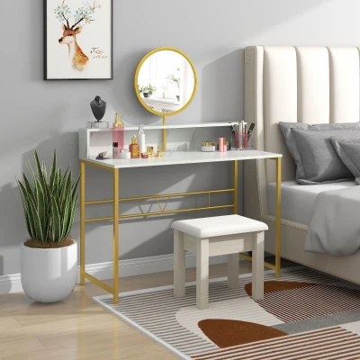 HOMCOM Modern Vanity Makeup Desk with Mirror Steel Frame White