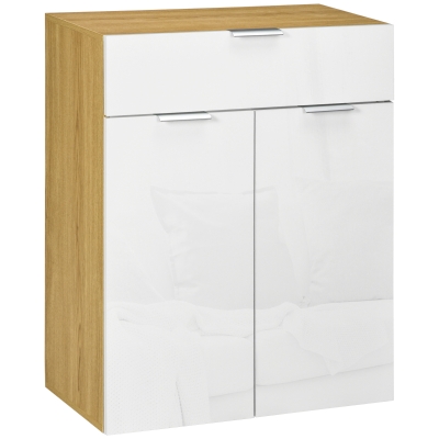 HOMCOM Aparador de Salón Armario Multiusos de Alto Brillo con Cajón 2 Puertas y Estantes Ajustables 70x35x92cm Blanco y Natural