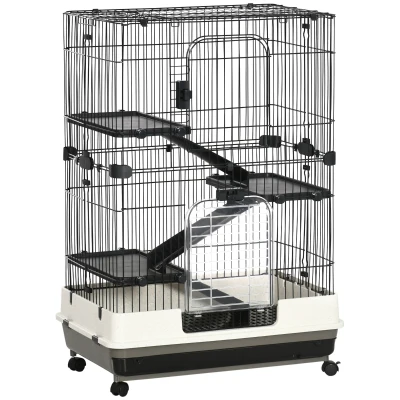PawHut Gabbia a 3 Piani in Metallo con Vassoio per Roditori, Conigli e Furetti con 4 Ruote, 81.2×52.7x114cm, Nera
