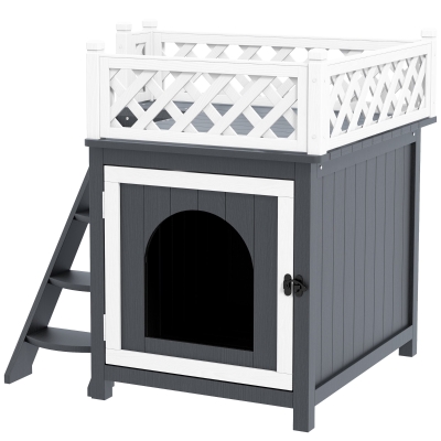 PawHut Maison Chat 2 Étages Balcon Bois Massif Gris