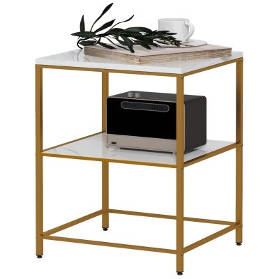 HOMCOM Table d'Appoint Effet Marbre Métal Doré 2 Étagères