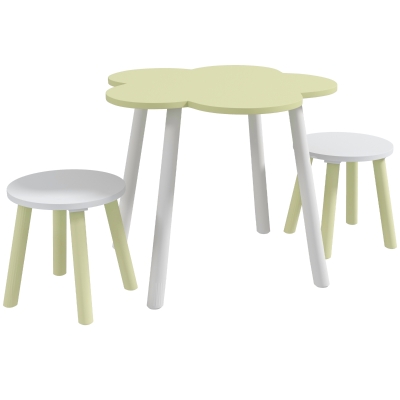ZONEKIZ Mesa con 2 Sillas para Niños de 2-5 Años con Mesa en Forma de Flores Ø59x50 cm y Sillas Ø28x26 cm Verde Pastel y Blanco