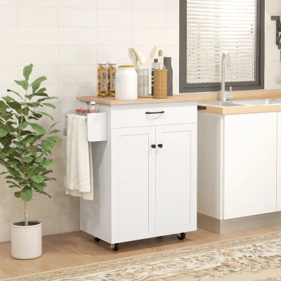 HOMCOM Desserte Cuisine Bois Hévéa Blanc à Roulettes
