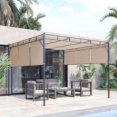 Outsunny Pergola Acier 3x3m Toiles Rétractables Beige Noir