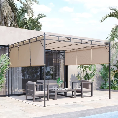 Outsunny Pergola Acier 3x3m Toiles Rétractables Beige Noir