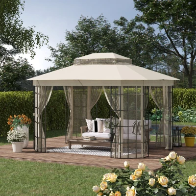 Outsunny Gazebo da Giardino 3.7x3m con Zanzariera Beige