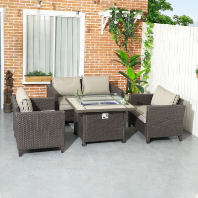 Outsunny 5-Piece Rattan Patio Set with Fire Pit Dark Brown