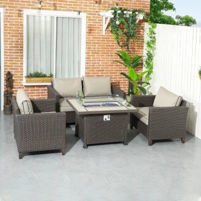 Outsunny 5-Piece Rattan Patio Set with Fire Pit Dark Brown