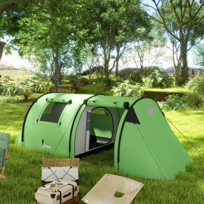 Outsunny Four Man Duo Tunnel Tent with Accessories Green