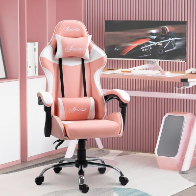 Vinsetto Silla Gaming Silla de Escritorio Reclinable 135° Reposacabezas y Cojín Lumbar  63x67x122-130 cm Rosa