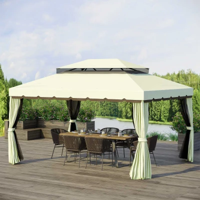 Outsunny Cenador de Jardín 4x3 m Gazebo de Aluminio con Techo de Ventilación 4 Cortinas Laterales 4 Mosquiteras y 8 Orificios de Drenaje para Fiestas Eventos Exterior Crema