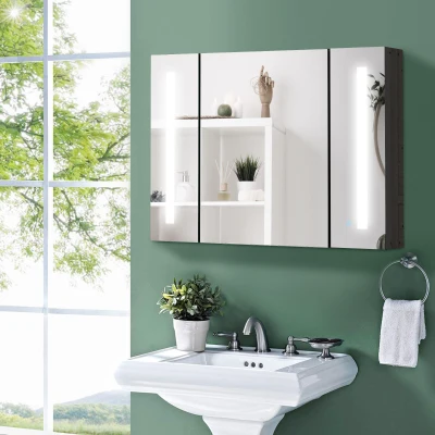 kleankin Specchio da Bagno con 3 Armadietti 3 Ripiani e Luce LED Nero