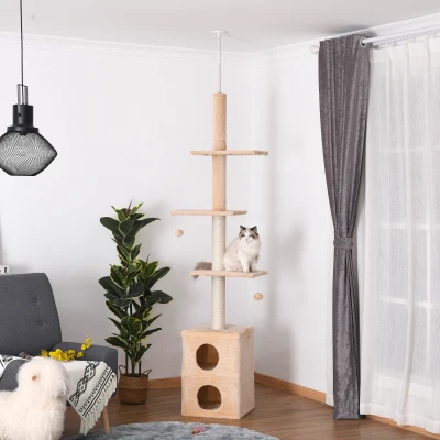 PawHut Tiragraffi a soffitto 41cm x 41cm x 220-245cm Giallo (rivestimento), Bianco (corde juta)