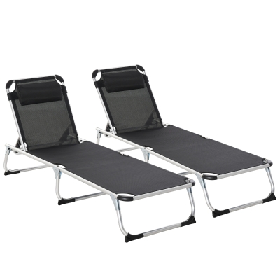 Outsunny Foldable Sun Lounger Aluminium Black 2 Pieces