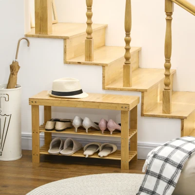 HOMCOM Panca Scarpiera in Bambù con 2 Ripiani a Doghe 70x28x45cm