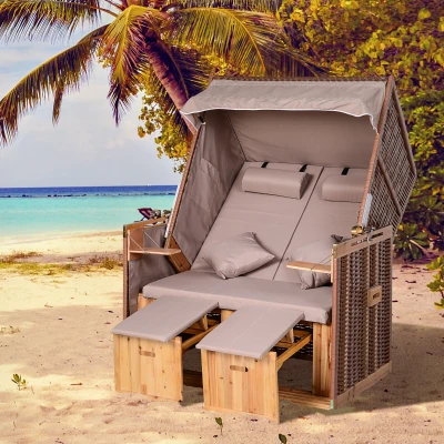 Outsunny Corbeille Plage 2 Places Bois Résine Taupe