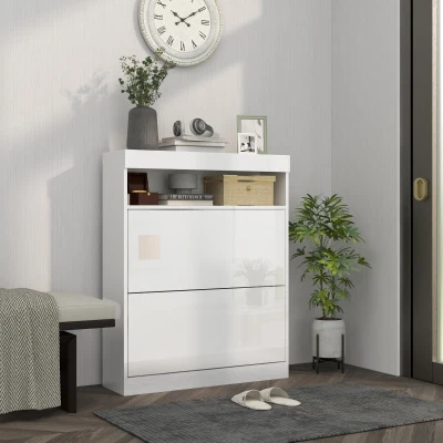 HOMCOM Shoe Storage Cabinet 16 Pairs Flip Doors White