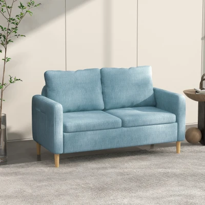 HOMCOM Modern Fabric Two Seater Sofa Blue with Wood Legs
