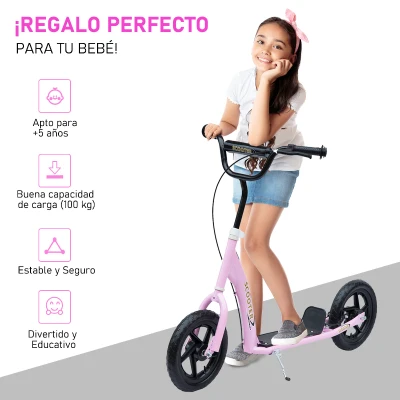 HOMCOM Patinete para Niños de 5-12 Años Scooter de 2 Ruedas Grandes de 12 Pulgadas con Freno y Manillar Ajustable en Altura Carga Máx. 50 kg 120x52x80-88 cm Rosa(m-4)
