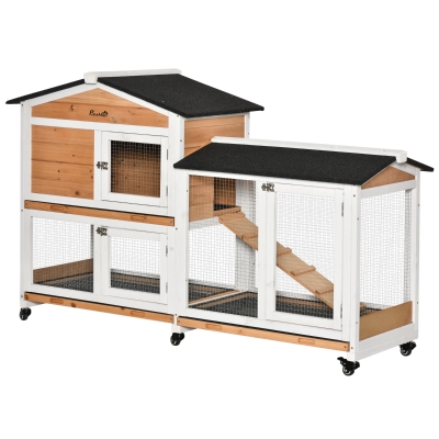 PawHut Conigliera a 2 Livelli con Rete Protettiva, in Legno, Metallo e Bitume, 157.4x53x99.5 cm, Giallo Bianco e Nero