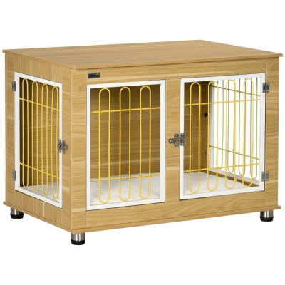 PawHut Dog Crate Furniture Oak Tone with Cushion Double Door