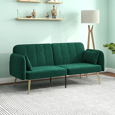 HOMCOM Canapé Convertible 2 Places Velours Vert Dossier Réglable