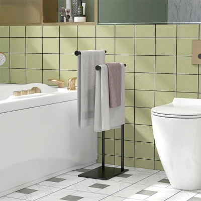 HOMCOM Porta Asciugamani Bagno da Terra a 2 Bracci Metallo Nero