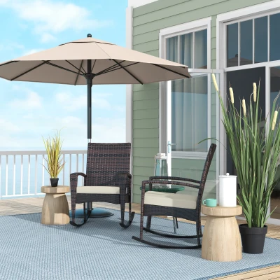 Outsunny Rattan Rocking Chair Set of 2 with Cushion Brown