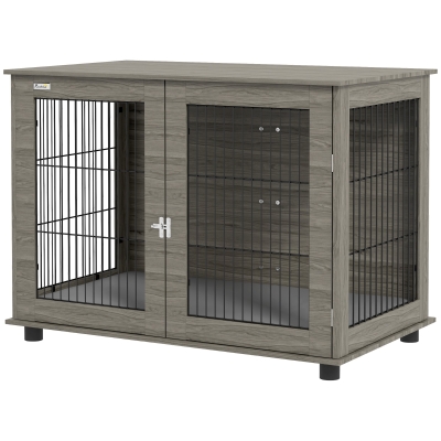 PawHut Cage Chien 2en1 Table+Coussin Verrouillable 100cm Gris