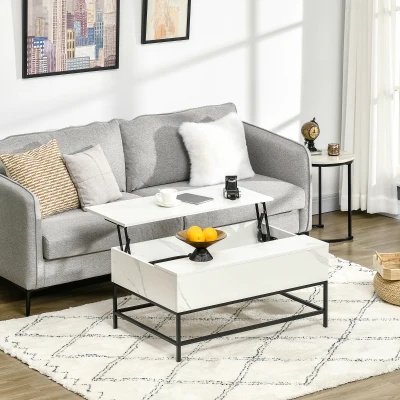 HOMCOM Modern Lifting Coffee Table Storage Faux Marble White