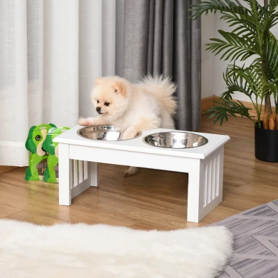 PawHut Gamelles Chiens Surélevées 2x0,9L Inox Bois Blanc