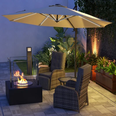 Outsunny 3m Adjustable Cantilever Parasol with LED Lights Khaki