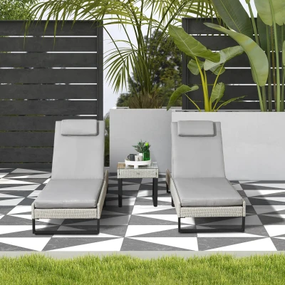 Outsunny 3-piece Rattan Sun Lounger Set Light Grey