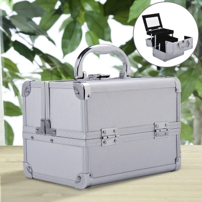 HOMCOM Maletín Maquillaje Profesional Estuche de Cosmético Portátil con Bandejas de 3 Niveles y Espejo 2 Llaves para Joyero Manicura Viaje 20x15x15 cm Plateado