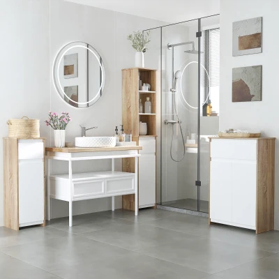 Colonne Salle Bain 3 Niches Tiroir Blanc Chêne