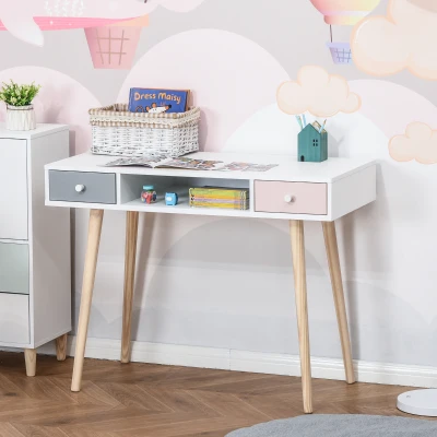 HOMCOM Bureau Enfant Scandinave Tiroir Rose Gris