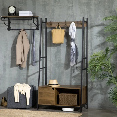 HOMCOM Perchero con Zapatero y Banco Mueble Recibidor con 5 Ganchos para Pasillo Entrada 84x40x169 cm Marrón Rústico