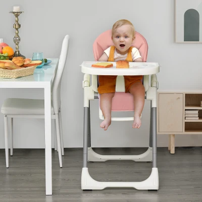 HOMCOM Trona para Bebé Evolutiva Ajustable y Plegable con Doble Bandeja Trona Portátil de +6 Meses Reclinable con 2 Ruedas y Frenos 55x80x104 cm Rosa