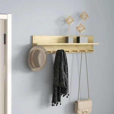 HOMCOM Estante de Pared con 7 Ganchos de Madera Balda Flotante con Perchas para Entrada Pasillo Dormitorio 80x12x20 cm Natural
