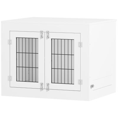 PawHut Cage Chien Bois Blanc 80x60x63cm 2 Bols Rotatifs